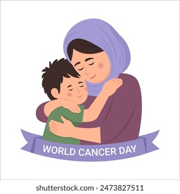 World cancer day. A boy hugs her mother who has cancer with love. Vector illustration isolated