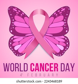 World cancer day butterfly illustration with pink ribbon