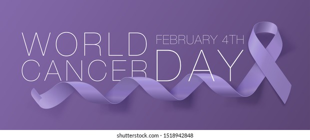 World Cancer Day. Calligraphy Poster Design. Realistic Lavender Ribbon. February 4 th is Cancer Awareness Day. Vector Illustration
