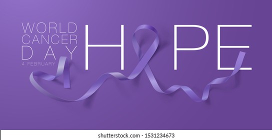 World Cancer Day. Calligraphy Poster Design. Hope. Realistic Lavender Ribbon. February 4 th is Cancer Awareness Day. Vector Illustration