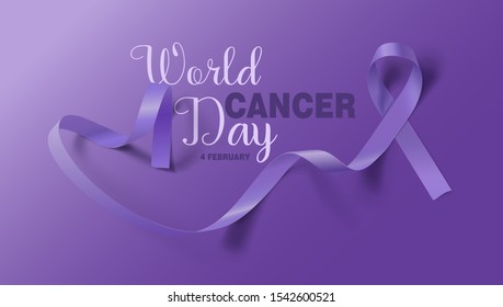 World Cancer Day. Calligraphy Poster Design. Realistic Lavender Ribbon. February 4 th is Cancer Awareness Day. Vector Illustration