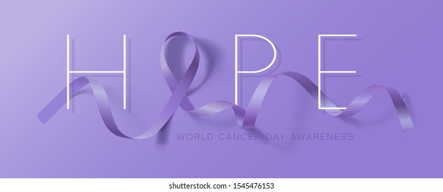 World Cancer Day. Calligraphy Poster Design. Hope. Realistic Lavender Ribbon. February 4 th is Cancer Awareness Day. Vector Illustration