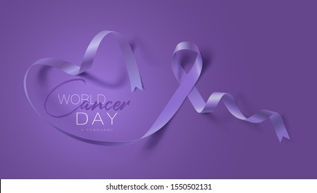 World Cancer Day. Calligraphy Poster Design. Realistic Lavender Ribbon. February 4 th is Cancer Awareness Day. Vector Illustration