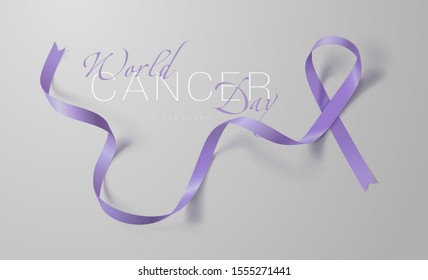 World Cancer Day. Calligraphy Poster Design. Realistic Lavender Ribbon. February 4 th is Cancer Awareness Day. Vector Illustration