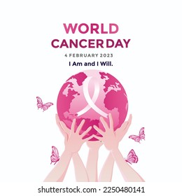 Logo de la Campaña del Día Mundial del Cáncer. Afiche del Día Mundial del Cáncer o ilustración vectorial de fondo de banderas