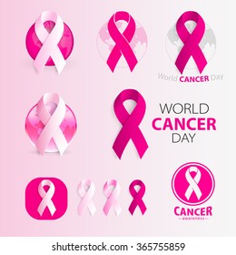 World Cancer Day. Carcinoma. Pink ribbon. Medic symbols collection.