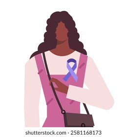 World Cancer Day celebrated annually on February 4th. Portrait of a young modern African American woman in casual clothes with a purple ribbon. Vector illustration. Not AI generated