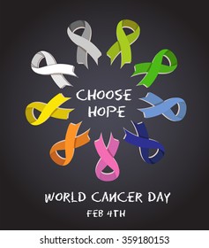 World cancer day. colorful awareness ribbons isolated over white background. vector