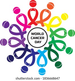 World Cancer Day. colorful ribbon People in circle teamwork vector concept.