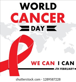 World cancer day concept. 4thFebruary , World cancer day lettering banner, We can I can. Vector illustration of World Cancer Day with ribbon and text on white background.