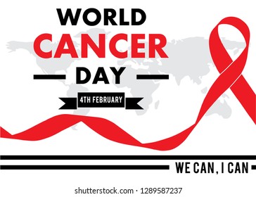 World cancer day concept. 4thFebruary , World cancer day lettering banner, We can I can. Vector illustration of World Cancer Day with ribbon and text on white background.