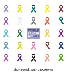 World Cancer Day concept. Cancer Awareness Ribbon Colors. Vector illustration