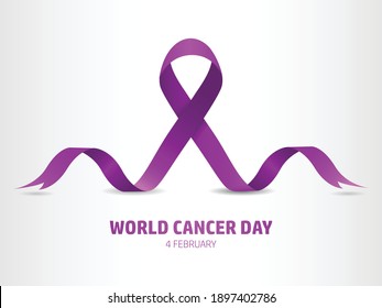 Diseño conceptual del Día Mundial del Cáncer. Cinta morada para todo símbolo de cáncer aislado en blanco. 4 de febrero Día Mundial del Cáncer.