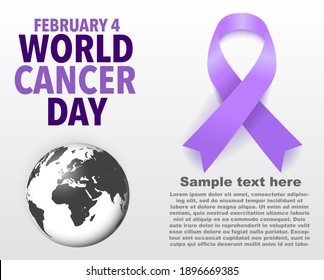 World Cancer Day Concept, February 4. Lavender Awareness Ribbon and Globe. Poster or Banner Background. Vector Illustration.