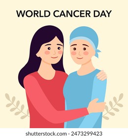 World cancer day concept. Female hugging her cancer patient friend.