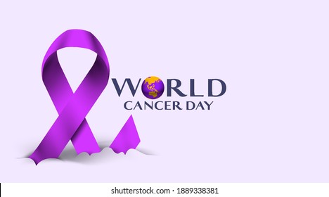 World cancer day concept with globe and purple awareness ribbon. lavender purple color symbolic ribbons for raising awareness of all kind tumors supporting people living