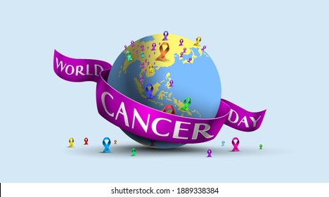 World cancer day concept with globe and purple awareness ribbon. lavender purple color symbolic ribbons for raising awareness of all kind tumors supporting people living