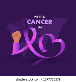 World Cancer Day Concept With Glossy Purple Awareness Ribbon And Fist Up Hand Illustration.