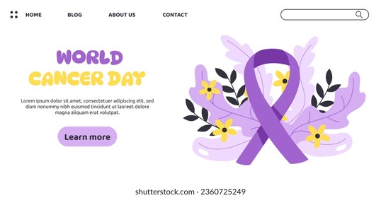 World cancer day concept. International holiday of awareness. Healthcare and medicine. Violet ribbon near flowers. Template, layout and mock up. Cartoon flat vector illustration