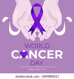 World Cancer Day concept. Lavender Ribbon on hands. Vector illustration.