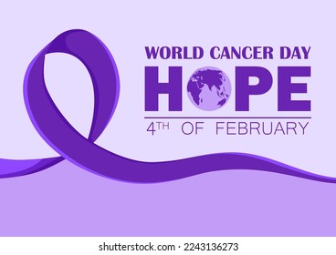 World Cancer Day Concept. Lavender ribbon and world map, text hope.