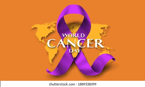 World cancer day concept with world map and many colorful awareness ribbon. Together healing each other all around the world