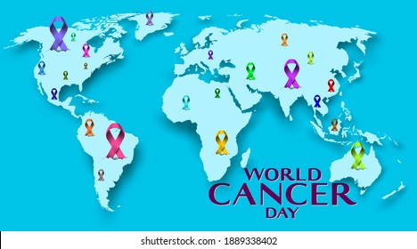 World cancer day concept with world map and many colorful awareness ribbon. Together healing each other all around the world