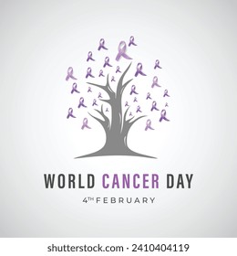 World Cancer Day Concept Post with Tree. Cancer Day Flyer with Ribbon, Globe, and Text Vector Illustration.