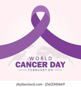 World Cancer Day concept. Cancer protection concept. With purple ribbon and world map. Vector Illustration. 