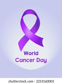 World Cancer Day concept. Realistic violet ribbon on light lavender background. February 4 th is Cancer Awareness Day. Vector illustration for social media, greetings card, poster design or web ads.