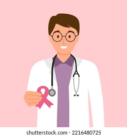 World cancer day concept vector illustration. Male doctor holding pink ribbon logo in flat design.