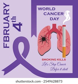 Día Mundial del Cáncer, concepto de Ilustración vectorial. Smoking Kills, 4 de febrero Día Mundial del Cáncer Póster o fondo del Anuncio. Todas las capas son individuales para cualquier personalización. Eps 10