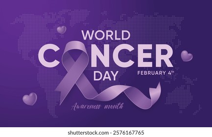 World Cancer Day creative concept. With flat design background and lavender ribbon. Vector template for banner, greeting card, poster, prints, social media, flyer ,with background. Vector illustration