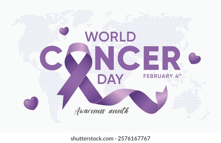 World Cancer Day creative concept. With flat design background and lavender ribbon. Vector template for banner, greeting card, poster, prints, social media, flyer ,with background. Vector illustration