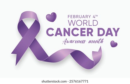 World Cancer Day creative concept. With flat design background and lavender ribbon. Vector template for banner, greeting card, poster, prints, social media, flyer ,with background. Vector illustration