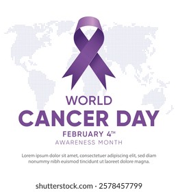 World Cancer Day creative concept. With flat design background and lavender ribbon. Vector template for banner, greeting card, poster, prints, social media, flyer ,with background. Vector illustration