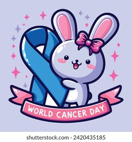 World Cancer Day. Cute cartoon bunny with ribbon. Vector illustration.

