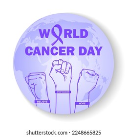 World Cancer Day design concept. Hands with bracelets, lavender ribbon and text on a globe background
