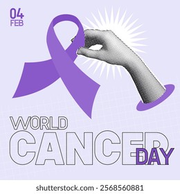 World Cancer Day design concept. February 4th. Halftone hands holding violet ribbons. Minimalist background with collage elements for mixed media design.