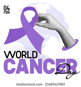 World Cancer Day design concept. February 4th. Halftone hands holding violet ribbons. Minimalist background with collage elements for mixed media design.