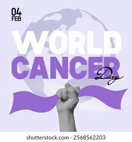 World Cancer Day design concept. February 4th. Halftone hands holding violet ribbons. Minimalist background with collage elements for mixed media design.