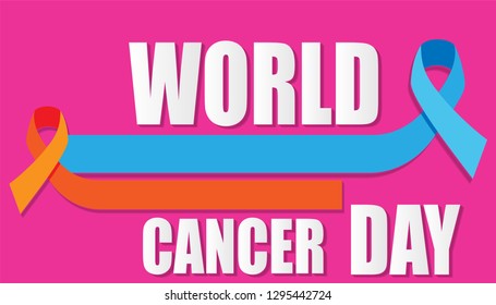World Cancer Day Design. isolated on a pink background, a mix of blue and orange ribbons, February 4. Trendy design template