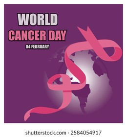 World Cancer Day. Design promoting global awareness, emphasizing hope and support with a pink ribbon and globe imagery. Flat vector modern illustration 