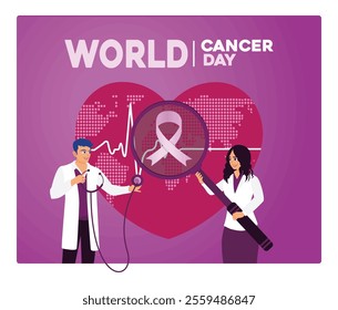 World Cancer Day with doctor and pink ribbon. Symbolizes cancer awareness and global health. World Cancer Day concept. Flat vector illustration.