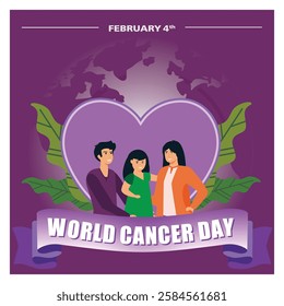 World Cancer Day. Family with a symbolic heart and a banner commemorating World Cancer Day, signifying awareness and solidarity. Flat vector modern illustration 