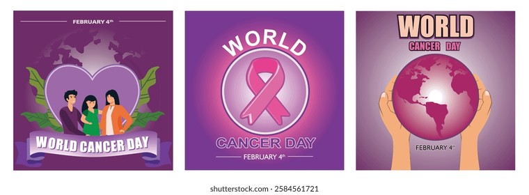 World Cancer Day. Family with a symbolic heart. A pink ribbon symbolizing unity and support against cancer. Hands holding a globe with text commemorating World Cancer Day on February 4th. 