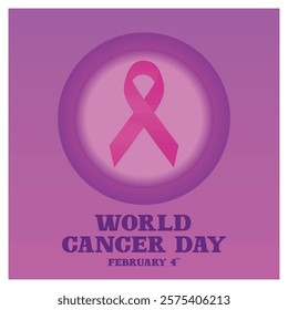 World Cancer Day, featuring a symbolic pink ribbon and text on a purple background, emphasizing cancer awareness and global support for the cause. Flat vector modern illustration 