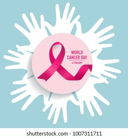 Día mundial del cáncer. 4 de febrero. Antecedentes del Día Mundial del Cáncer con cinta rosa. Ilustración vectorial.