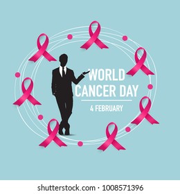 World cancer day. February 4. World cancer day design background with pink ribbon. Vector Illustration.