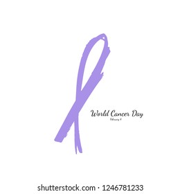 World Cancer Day, February 4. Hand drawn lavender ribbon. Vector illustrations.